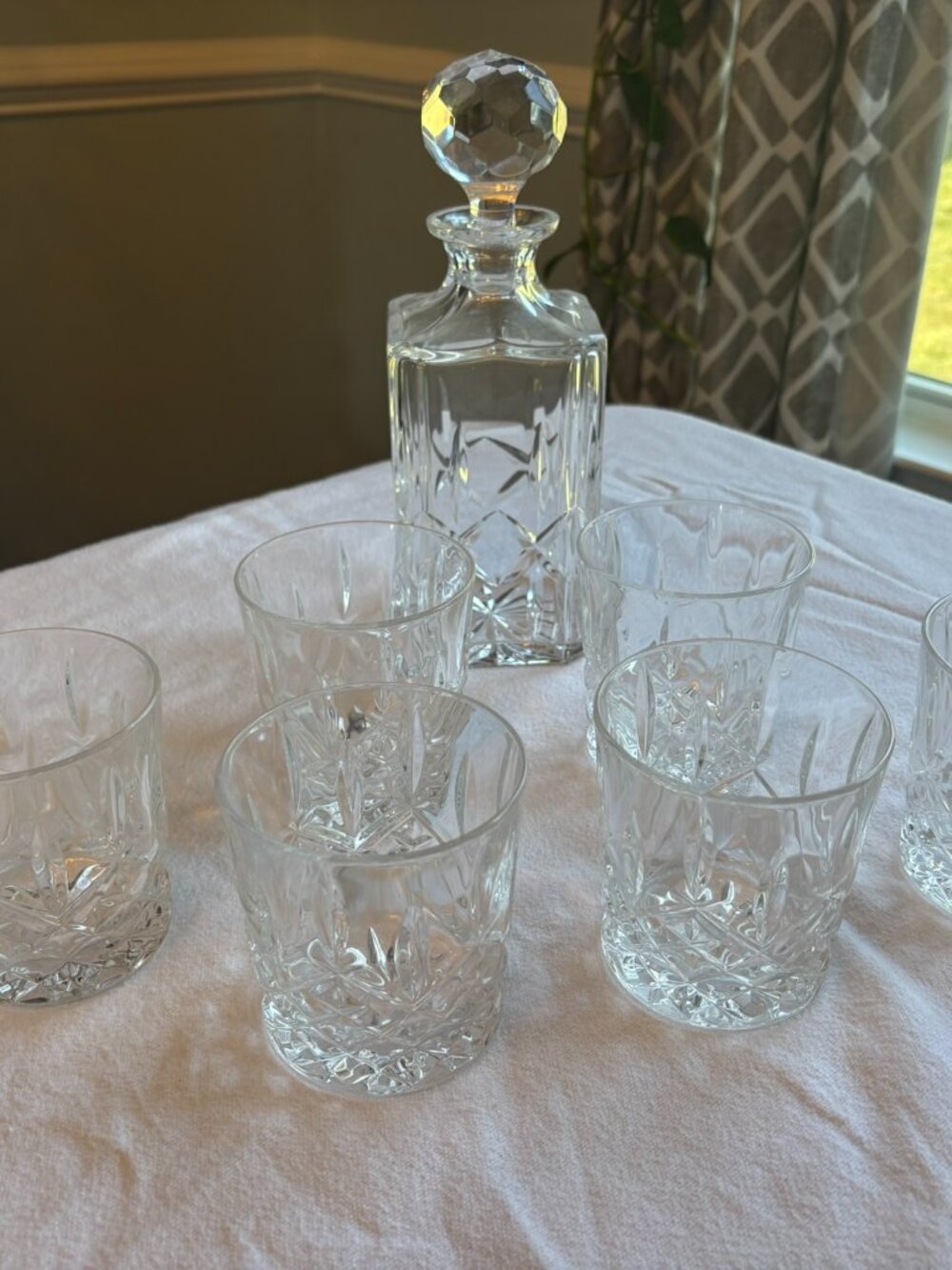 Vintage Atlantis Lead Crystal Whiskey Decanter & 6 Lowball Glasses Set